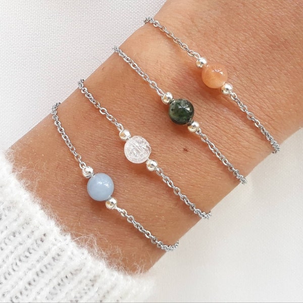 Stone bracelet, women's jewelry. 4 choices available: angelite, cracked rock crystal, diopside, moonstone.