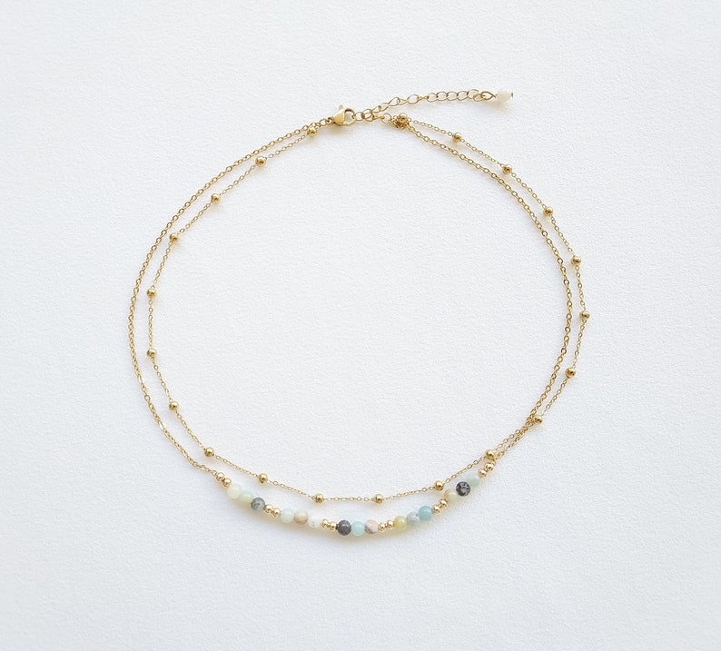 Collier double rangs, collier amazonite, collier perles multicolore, chaîne de boule or, bijoux pierre naturelle, idée cadeau pour femme. image 4