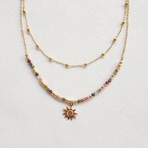 Collier perles de tourmaline, collier double rangs, collier pendentif soleil, collier pierre naturelle, chaîne fine or, cadeau anniversaire image 3