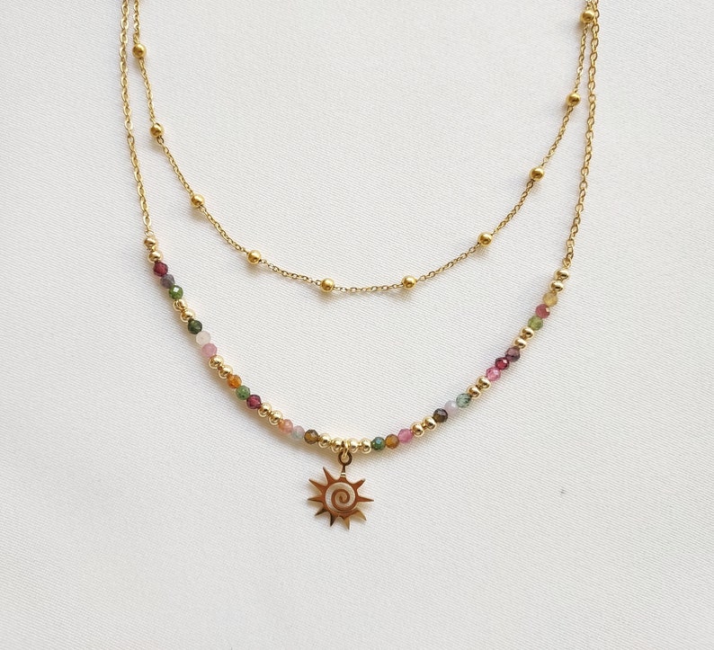 Collier perles de tourmaline, collier double rangs, collier pendentif soleil, collier pierre naturelle, chaîne fine or, cadeau anniversaire image 3