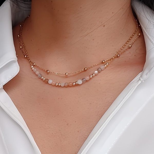 Double row moonstone necklace, pearl necklace, gold satellite chain, choker necklace, jewelry for women, anniversary gift.