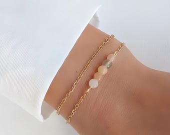 Multicoloured double row moonstone bracelet, women's jewellery gift, thin gold bracelet.