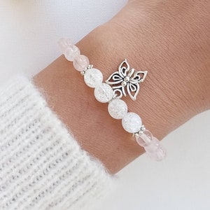Rose quartz and cracked rock crystal bracelet, natural stone bracelet.