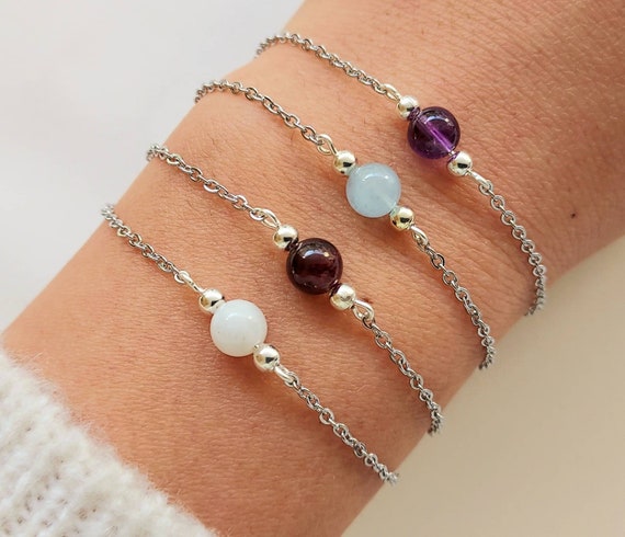 Bracelet pierre naturelle, bracelet femme, bracelet en acier inoxydable,  amethyste, aigue-marine, grenat, pierre de lune, cadeau Noël. -  France