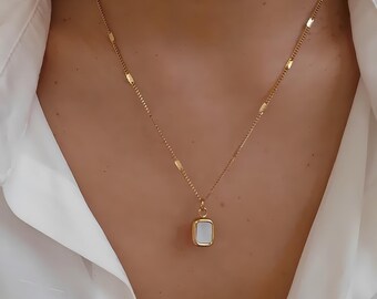 Delicate and chic necklace, necklace with a square white mother-of-pearl pendant, refined stainless steel jewelry, beach necklace, a gift for her