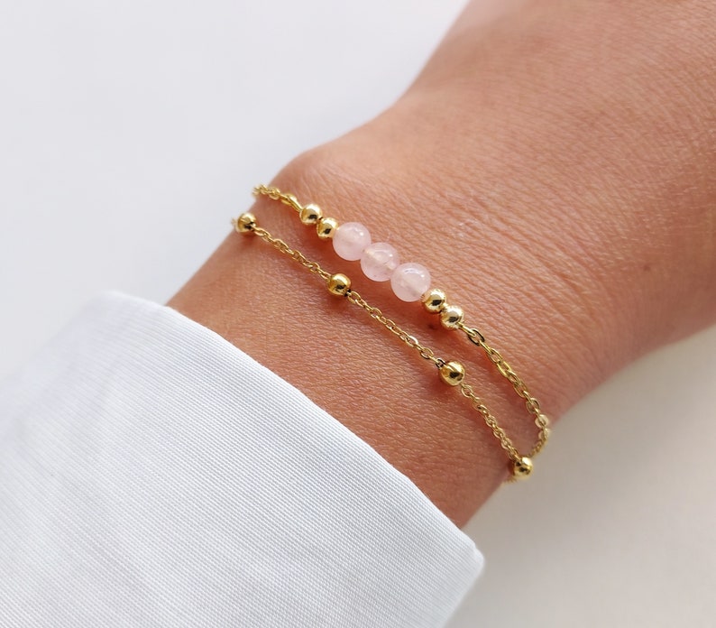 Bracelet fin double rangs, bracelet quartz rose, bracelet chaîne satellite, cadeau Noël, bracelet en pierre naturelle. image 2
