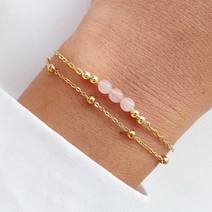 Double row thin bracelet, rose quartz pearl bracelet, satellite chain jewelry, wedding gift, natural stone bracelet.