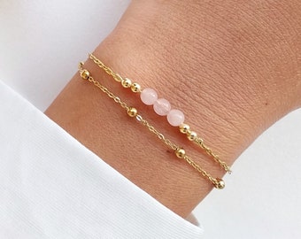 Fine double row bracelet, rose quartz bracelet, satellite chain bracelet, Christmas gift, natural stone bracelet.