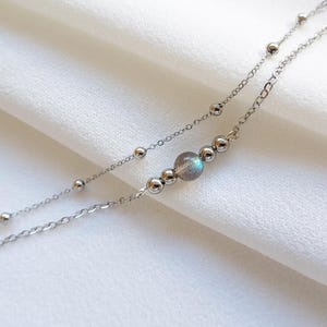 Può includere: Una collana a catena d'argento con un unico ciondolo di labradorite blu iridescente.