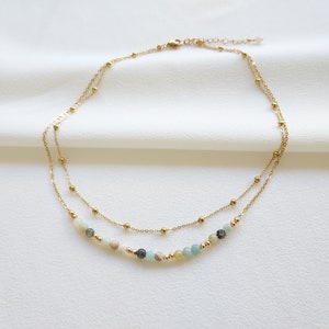 Collier double rangs, collier amazonite, collier perles multicolore, chaîne de boule or, bijoux pierre naturelle, idée cadeau pour femme. image 3