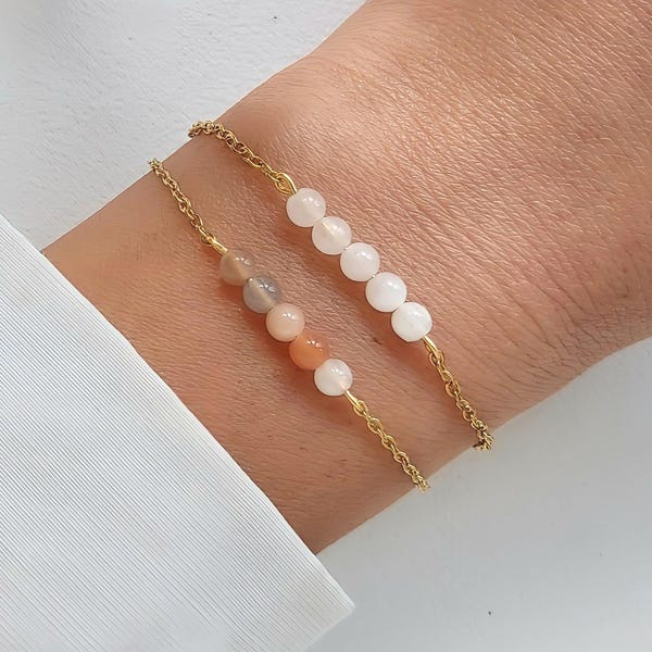 Mondsteinarmband, mehrfarbiges Perlenarmband, edler Goldschmuck mit Naturstein, Geschenk für Frauen, trendiges Goldarmband, Silberarmband