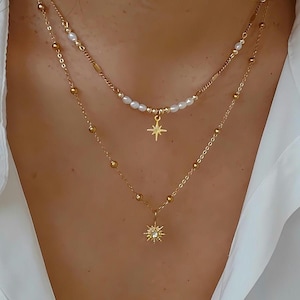 Verfijnde gelaagde ketting, zoetwaterparelketting, hemels gouden ketting, meerlaagse ketting, subtiele sieraden, perfect cadeau