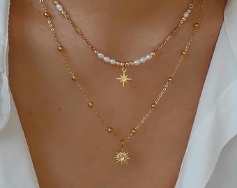 Collar delicado de varias capas, collar de perlas de agua dulce, collar de oro celestial, collar multicapa, joyería fina y sutil, regalo perfecto