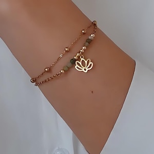 Bracciale di giada con ciondolo a forma di loto, bracciale in oro, bracciale con ciondolo a forma di fiore di loto, bracciale multistrato in acciaio inossidabile, bracciale boho.