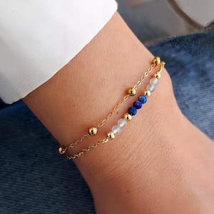 Doppelkettiges Armband aus blauen Perlen, Armband aus Lapislazuli, Armband aus Aquamarin, zarter Schmuck, trendiges Geschenk, goldener Edelstahl.