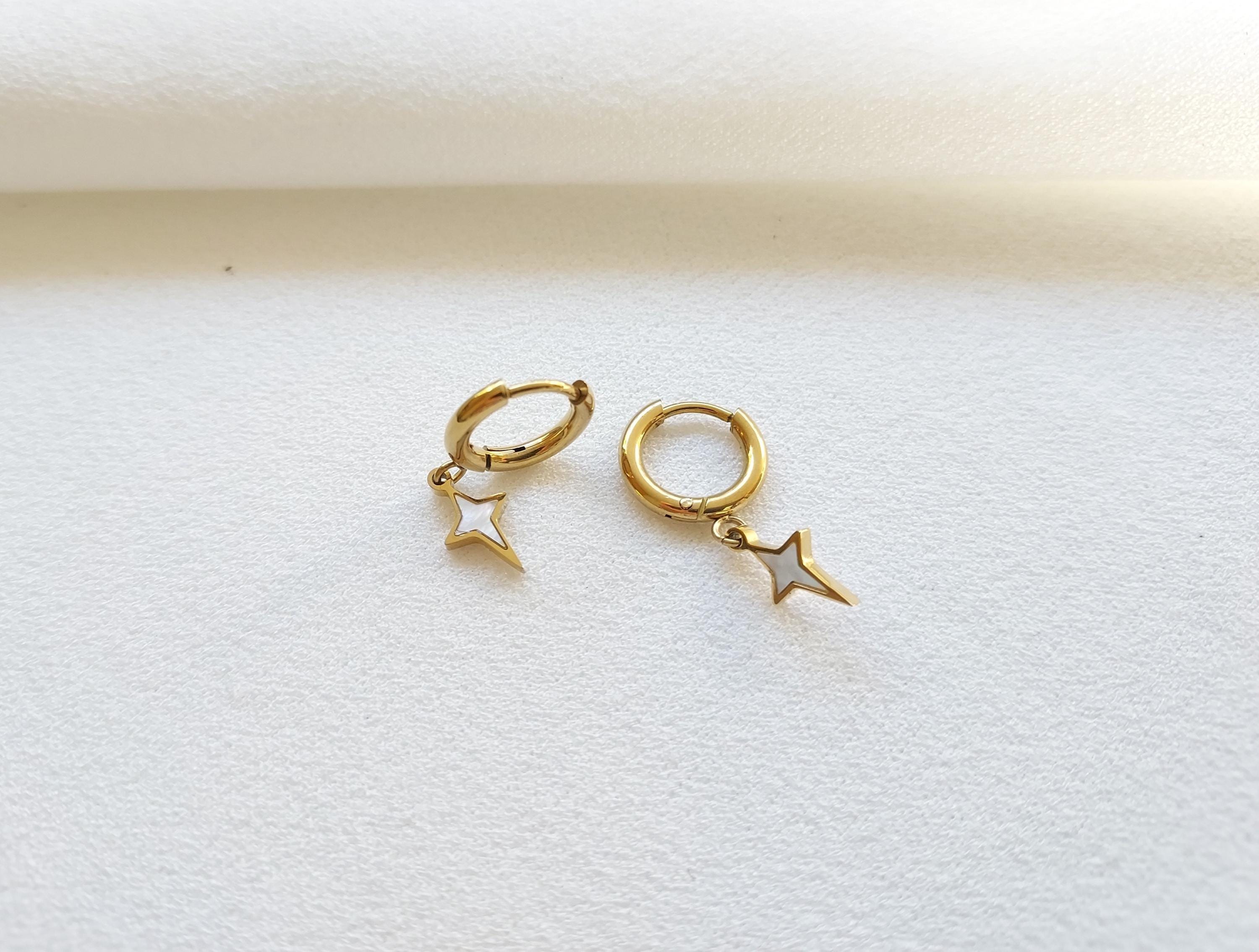 Small Gold Star Cross Hoop Earrings, Mother-of-pearl Star Earrings