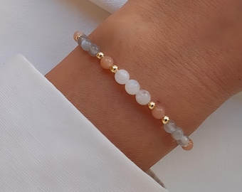 Armband aus natürlichem Mondstein, pastellfarbenes Perlenarmband, mehrfarbige Perlen, fein und elegant, Mondsteinschmuck, Geschenkidee für sie.