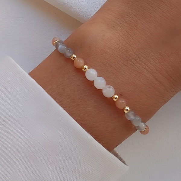 Bracciale in pietra di luna naturale, braccialetto con perline pastello, perline multicolori, raffinato ed elegante, gioielli in pietra di luna, idea regalo per lei.