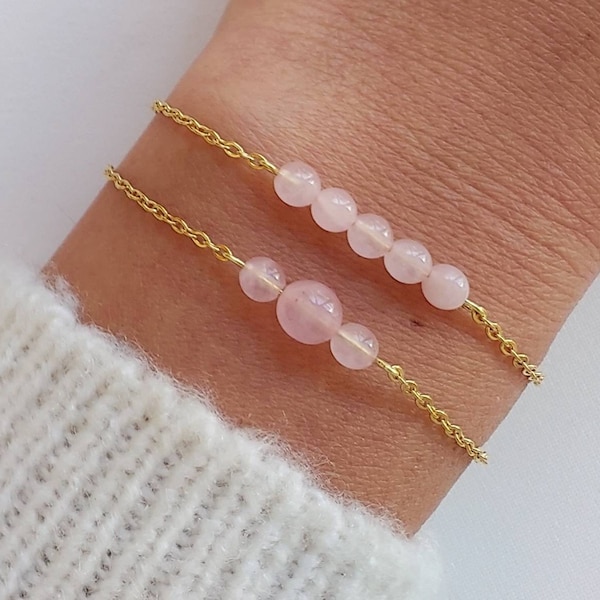 Rose Quartz bracelet, natural stone bracelet, golden stainless steel chain bracelet, rose quartz jewelry.