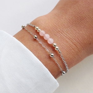 Rose quartz bracelet, thin double row bracelet, satellite chain bracelet, sentimental gift, women's jewelry.