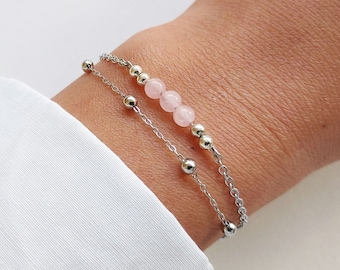 Rose quartz bracelet, thin double row bracelet, satellite chain bracelet, sentimental gift, women's jewelry.