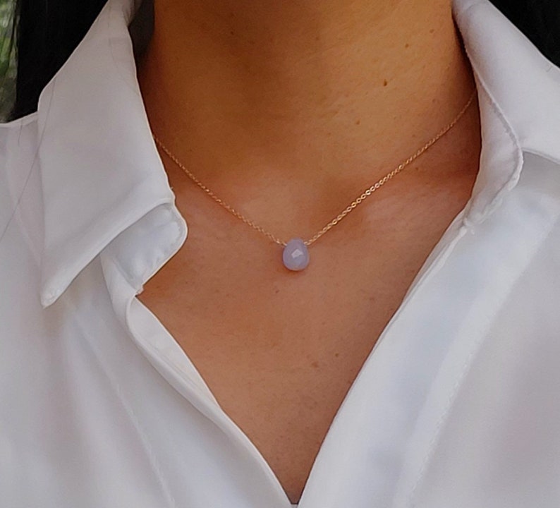 Faceted drop blue chalcedony necklace, women's jewelry gift, very fine chain. image 2