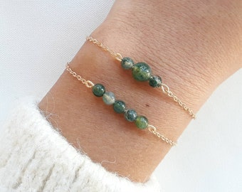 Green moss agate bracelet, women's bracelet, gold chain bracelet, lithotherapy jewelry, semi-precious stone bracelet, fine jewelry gift.