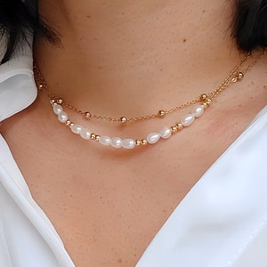 Double row necklace, natural freshwater pearl necklace, white pearl necklace, wedding jewelry, gift for women, fine gold necklace.