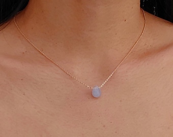 Blue chalcedony faceted drop necklace, women's jewelry gift, very fine chain, stainless steel necklace, natural stone necklace.