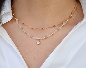 Collier fin et élégant, collier pierre de lune, collier double rangs, collier perles blanches, bijoux de mariage, cadeau Noël.