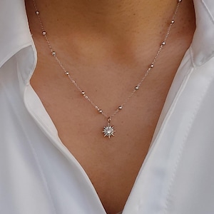 Necklace with sun pendant, thin and elegant necklace, silver ball chain necklace, stainless steel necklace, birthday gift.