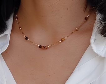 Tiger&#39;s eye necklace, gold chain necklace, choker necklace, tiger&#39;s eye bead necklace, gift for her, mom&#39;s jewelry.