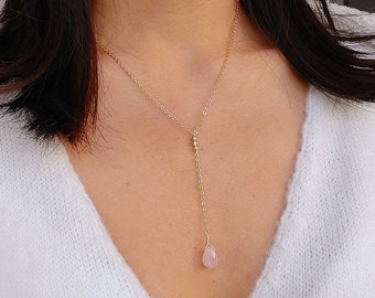 Rose quartz Y necklace, lasso necklace, rose quartz drop pendant, Christmas gift idea for women.