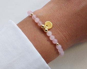 Rose quartz bracelet, natural stone bracelet, stone bracelet with pendant, elastic bracelet, birthday gift.