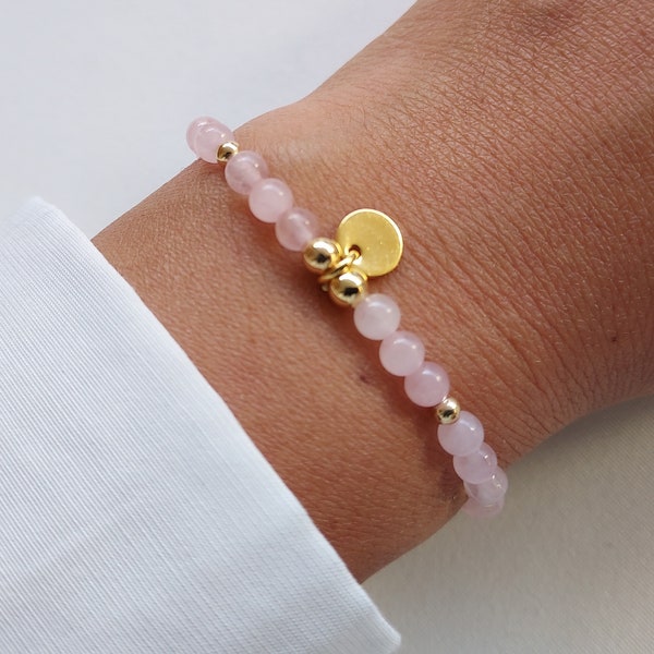 Rose quartz bracelet, natural stone bracelet, stone bracelet with pendant, elastic bracelet, birthday gift.