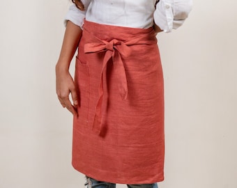 Hemp Linen half apron in assorted colors, bistro apron, waist apron. Indigo, moss green, rust red, lilac, yellow, natural