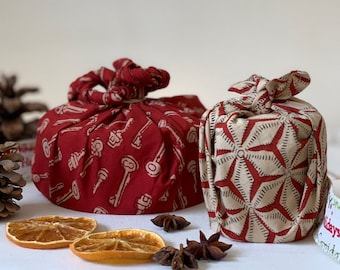 Festive Red furoshiki fabric gift wrap in 100% cotton hand block printed with natural dyes