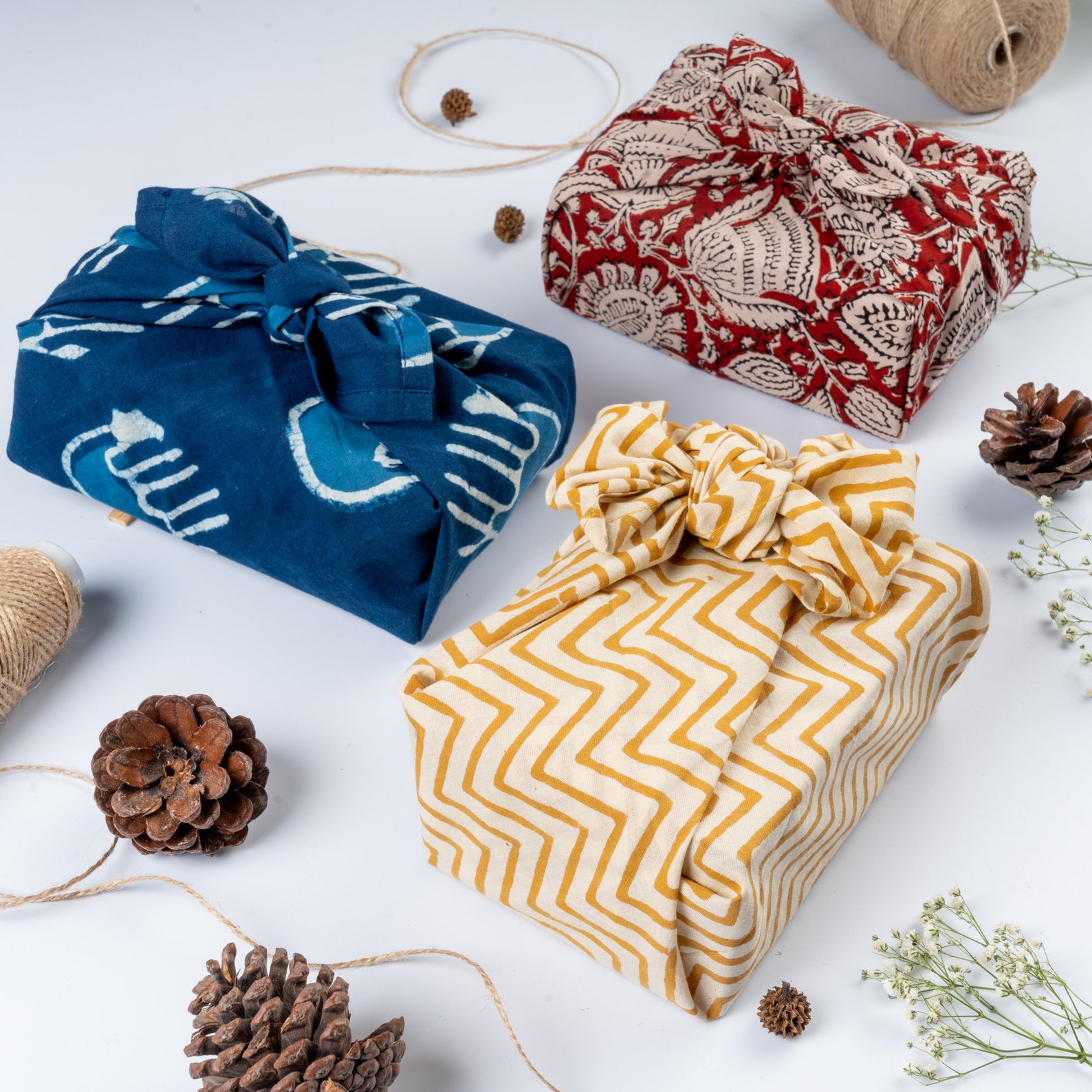 Gifts wrapped in furoshiki cloths, an eco-friendly wrapping paper.