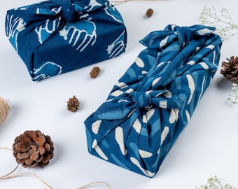 Indigo blue Furoshiki fabric gift wrap in 100% cotton hand block printed with natural dyes