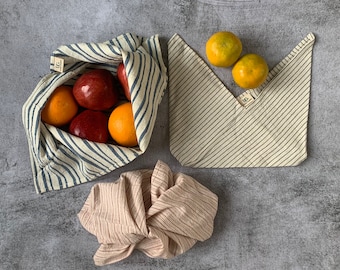 Set of 3 Organic Cotton Bento Bags in Indian heirloom cotton in assorted sizes and patterns