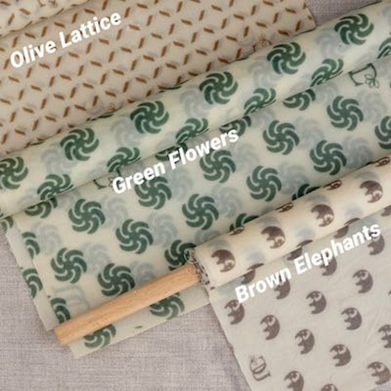Set of 3 Beeswax Food Wrap Assorted sizes organic cotton fabric printed with natural herbal dyes image 10
