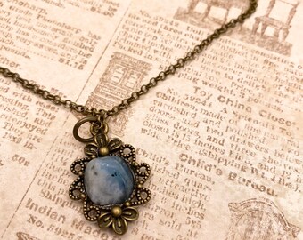 Aquamarine vintage look bronze healing crystal gemstone pendant necklace