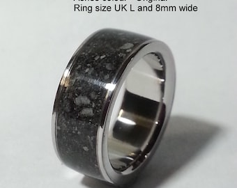 Handmade made ashes ring made with 316 surgical stainless steel and cremation ashes. The 8 photos are typical examples of these rings.