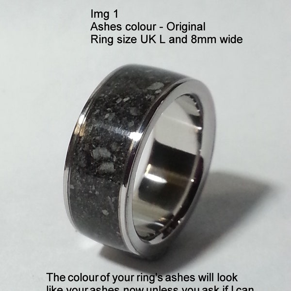 Handmade made ashes ring made with 316 surgical stainless steel and cremation ashes. The 8 photos are typical examples of these rings.