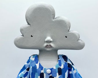 Rain Cloud art doll, anthropomorphic cloud folk art doll, ooak, display doll clay and cloth art doll