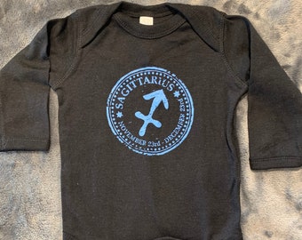 Sagittarius Zodiac Baby Long Sleeve Black Baby Bodysuit. Every Sign Available in Variety of Colors. Unique Birth Sign Baby Gift!