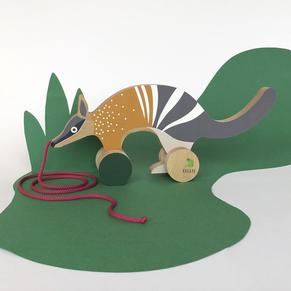 Wooden pull toy and illustrated educational sheet on an unknown animal: THE NUMBAT. Gift set for children from 2 years old.