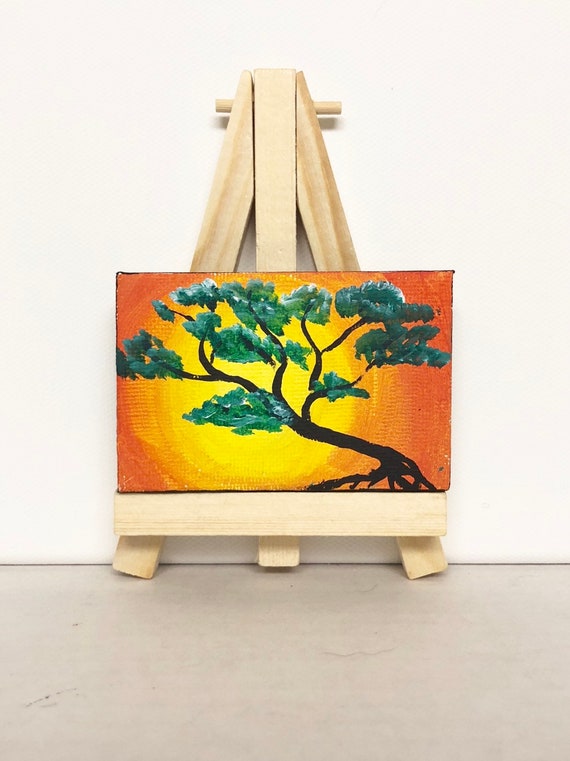Bonzai Tree Japan Mini Canvas Tiny Art Small Painting Zen Etsy