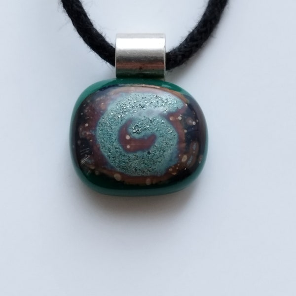 Handmade Fused Glass Cream Teal Green Silver Dust Reaction Pendant Corrine Thorne Glass Artist great gift idea. Unusual one off pendant.