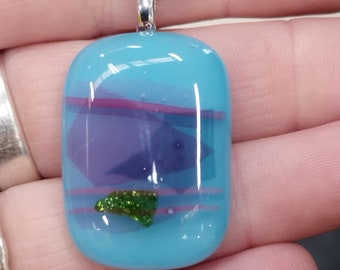 Handmade Fused Glass Turquoise Blue and Purple, Pink, Green Pendant Corrine Thorne Glass Artist great gift idea. Unusual one off pendant.